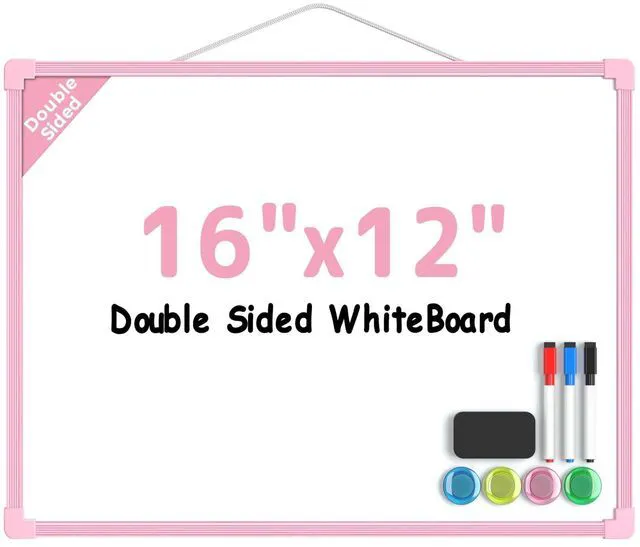 Main image of Double-Sided Dry Erase Board for Wall, 16"x12", Pink Frame Small White Board, Includes 3 Markers & 4 Magnets, Portable hanging Whiteboard for Home, Office, Double Sided Tapes Included