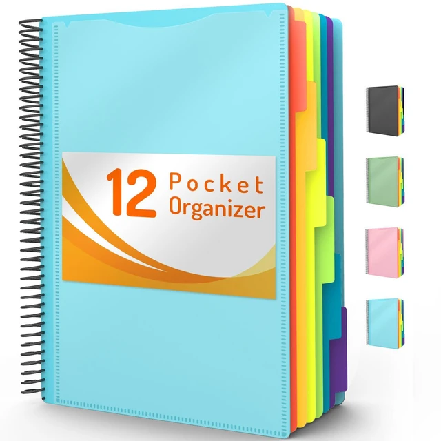 Main image of 12 Pocket Project Organizer, 1/6-cut Tab Binder Organizer with Sticky Labels, Multi Pocket Folder with Zipper Pouch, Folder Binder Spiral Pocket Notebook, Office Supplies, Letter Size, Blue