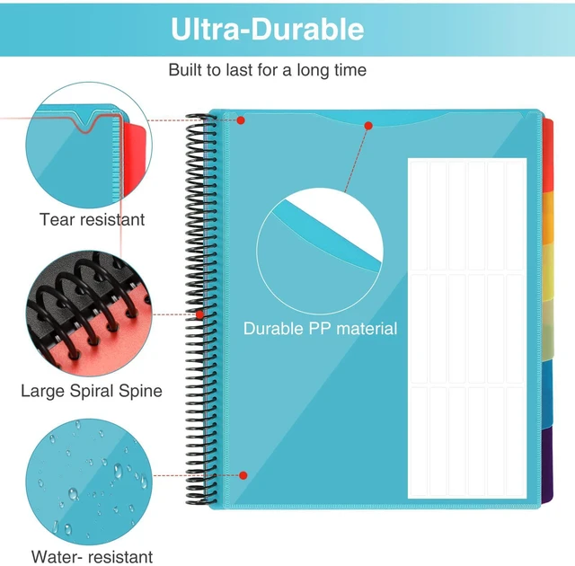 Alt view image 3 of 7 - 12 Pocket Project Organizer, 1/6-cut Tab Binder Organizer with Sticky Labels, Multi Pocket Folder with Zipper Pouch, Folder Binder Spiral Pocket Notebook, Office Supplies, Letter Size, Blue