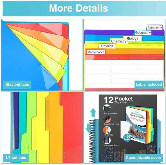 Alt view image 5 of 7 - 12 Pocket Project Organizer, 1/6-cut Tab Binder Organizer with Sticky Labels, Multi Pocket Folder with Zipper Pouch, Folder Binder Spiral Pocket Notebook, Office Supplies, Letter Size, Blue
