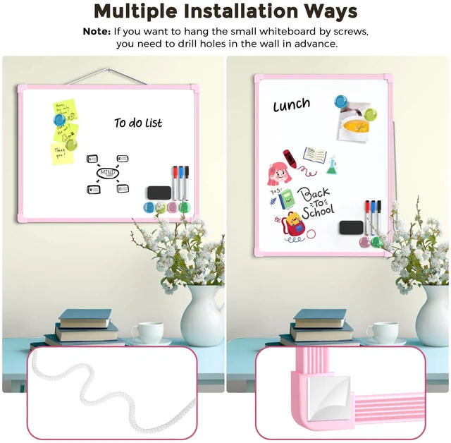 Alt view image 5 of 7 - Double-Sided Dry Erase Board for Wall, 16"x12", Pink Frame Small White Board, Includes 3 Markers & 4 Magnets, Portable hanging Whiteboard for Home, Office, Double Sided Tapes Included