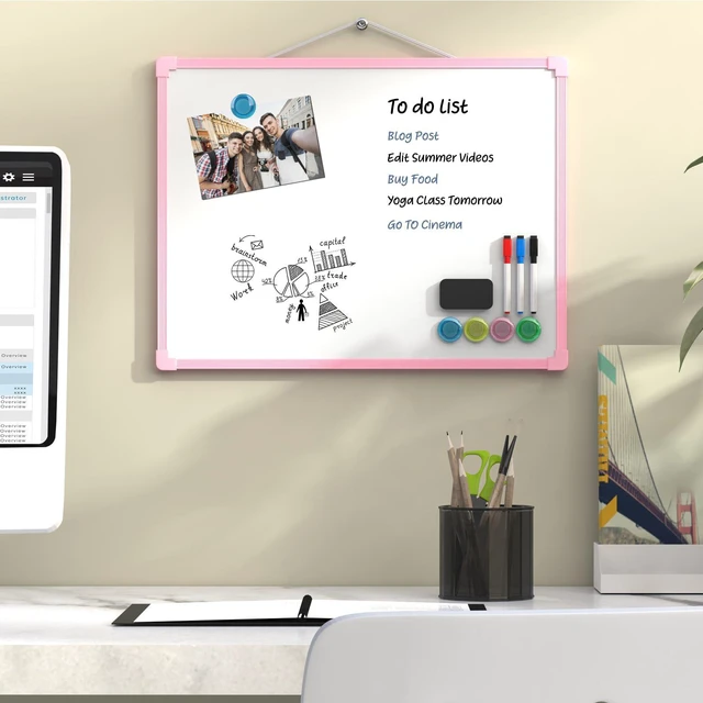 Alt view image 7 of 7 - Double-Sided Dry Erase Board for Wall, 16"x12", Pink Frame Small White Board, Includes 3 Markers & 4 Magnets, Portable hanging Whiteboard for Home, Office, Double Sided Tapes Included