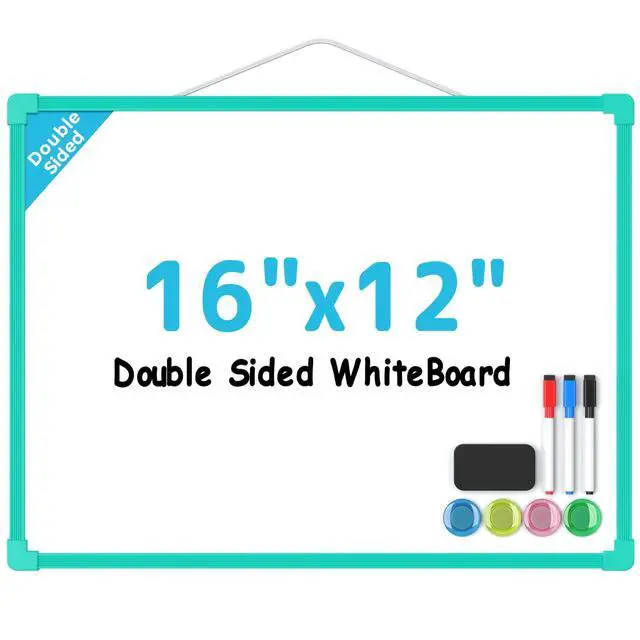 Main image of Double-Sided Dry Erase Board for Wall, 16"x12", Green Frame Small Dry Erase White Board, Includes 3 Markers & 4 Magnets, Portable Whiteboard for Planning, Drawing, Memo, to Do List