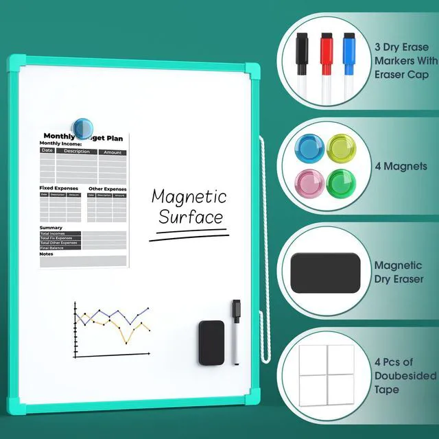 Alt view image 2 of 7 - Double-Sided Dry Erase Board for Wall, 16"x12", Green Frame Small Dry Erase White Board, Includes 3 Markers & 4 Magnets, Portable Whiteboard for Planning, Drawing, Memo, to Do List
