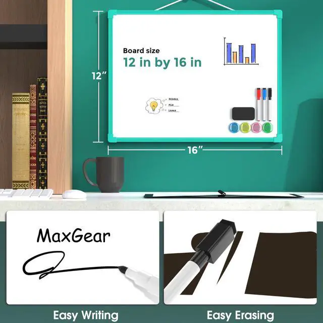 Alt view image 4 of 7 - Double-Sided Dry Erase Board for Wall, 16"x12", Green Frame Small Dry Erase White Board, Includes 3 Markers & 4 Magnets, Portable Whiteboard for Planning, Drawing, Memo, to Do List