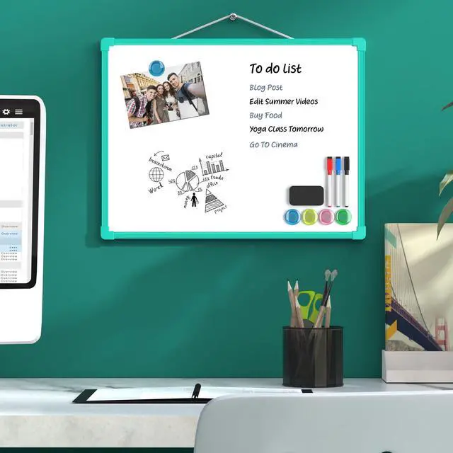 Alt view image 6 of 7 - Double-Sided Dry Erase Board for Wall, 16"x12", Green Frame Small Dry Erase White Board, Includes 3 Markers & 4 Magnets, Portable Whiteboard for Planning, Drawing, Memo, to Do List