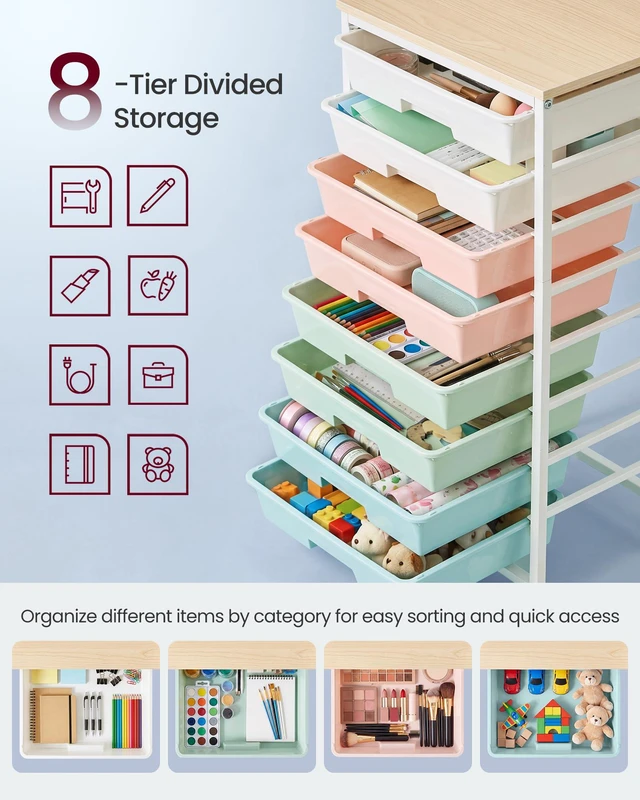 Alt view image 6 of 7 - Rolling Cart with Drawers, Craft Organizers and Storage, Multicolor Wooden Tabletop, 8 Drawers, Office, Classroom, Craft Room, Dorm, 15.6 x 11.2 x 30.1 in, BENCO Collection ULRC006X101