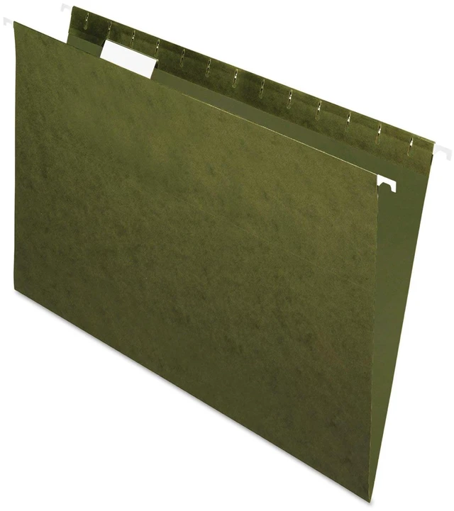 Main image of Recycled Hanging File Folders, 25 Pack, Green, Legal Size (8.5" x 14"), 5 Tab Positions, Includes Tabs and Inserts, Eco-Friendly Hanging Files for Office and Document Organization