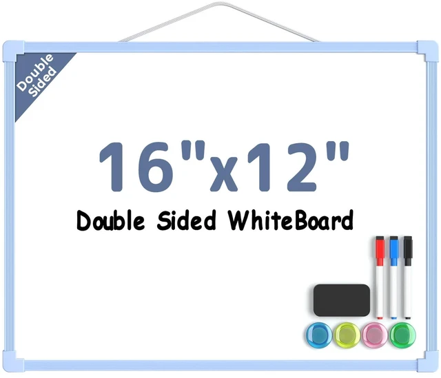 Main image of Double-Sided Dry Erase Board for Wall, 16"x12", Blue Frame Small White Board, Includes 3 Markers & 4 Magnets, Portable hanging Whiteboard for Home, Office, Double Sided Tapes Included