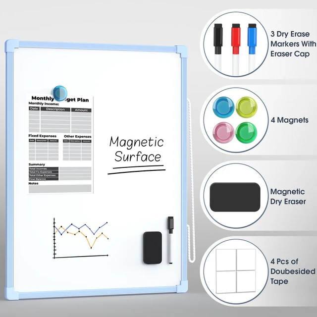 Alt view image 2 of 6 - Double-Sided Dry Erase Board for Wall, 16"x12", Blue Frame Small White Board, Includes 3 Markers & 4 Magnets, Portable hanging Whiteboard for Home, Office, Double Sided Tapes Included