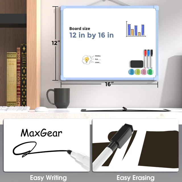 Alt view image 3 of 6 - Double-Sided Dry Erase Board for Wall, 16"x12", Blue Frame Small White Board, Includes 3 Markers & 4 Magnets, Portable hanging Whiteboard for Home, Office, Double Sided Tapes Included