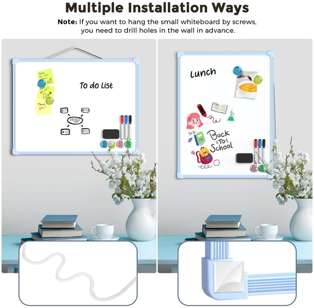 Alt view image 4 of 6 - Double-Sided Dry Erase Board for Wall, 16"x12", Blue Frame Small White Board, Includes 3 Markers & 4 Magnets, Portable hanging Whiteboard for Home, Office, Double Sided Tapes Included