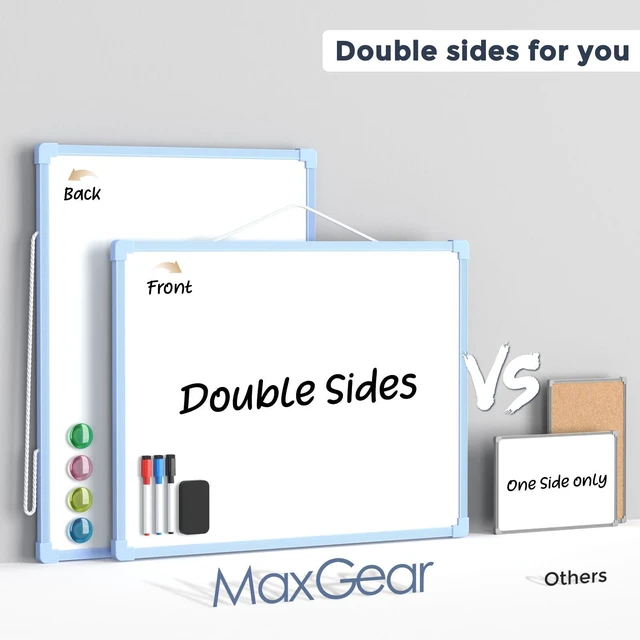 Alt view image 5 of 6 - Double-Sided Dry Erase Board for Wall, 16"x12", Blue Frame Small White Board, Includes 3 Markers & 4 Magnets, Portable hanging Whiteboard for Home, Office, Double Sided Tapes Included