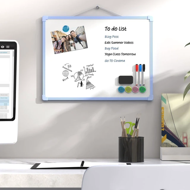 Alt view image 6 of 6 - Double-Sided Dry Erase Board for Wall, 16"x12", Blue Frame Small White Board, Includes 3 Markers & 4 Magnets, Portable hanging Whiteboard for Home, Office, Double Sided Tapes Included