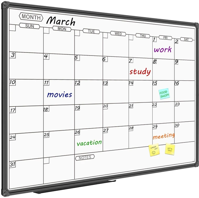 Main image of Dry Erase Calendar Whiteboard - Magnetic White Board Calendar Monthly 36 X 24 Inch, Black Aluminum Frame Wall Mounted Board for Office Home and School