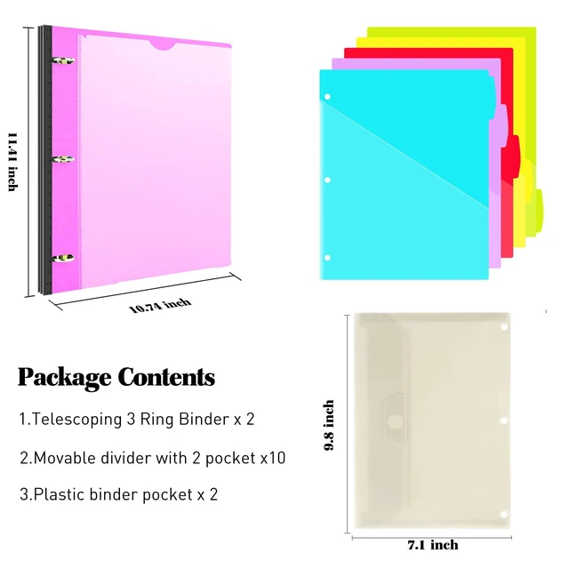 Alt view image 2 of 7 - 1 Inch Telescoping Project Organizer Binder-2PCS,13 Pocket, Customizable Front Cover, 5 Colors Pocket Divider and Plastic Binder Pocket225 Sheet Capacity-Pink