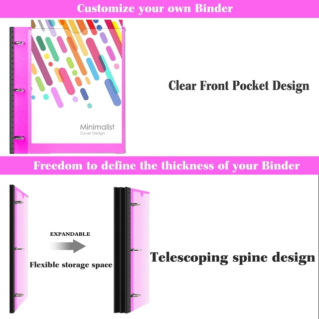 Alt view image 3 of 7 - 1 Inch Telescoping Project Organizer Binder-2PCS,13 Pocket, Customizable Front Cover, 5 Colors Pocket Divider and Plastic Binder Pocket225 Sheet Capacity-Pink