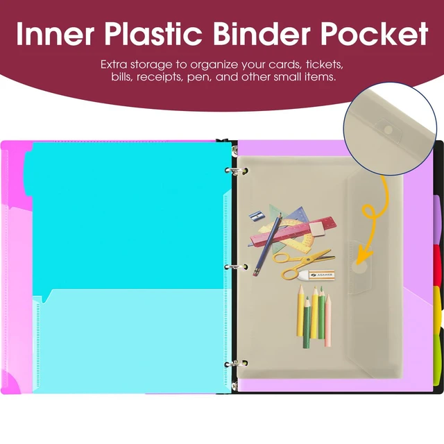 Alt view image 5 of 7 - 1 Inch Telescoping Project Organizer Binder-2PCS,13 Pocket, Customizable Front Cover, 5 Colors Pocket Divider and Plastic Binder Pocket225 Sheet Capacity-Pink