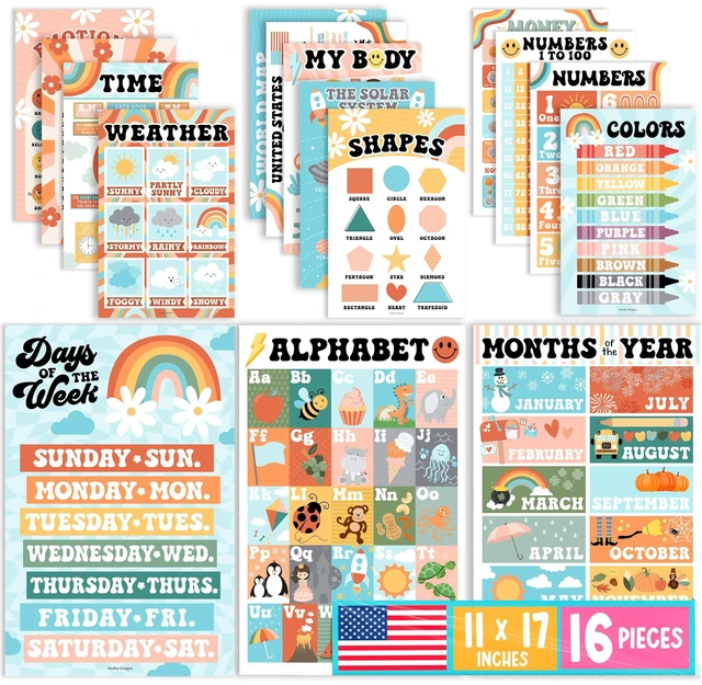 Main image of 16 Laminated Toddler Learning Posters 1-3 for Preschool Classroom Decor Retro Learning Posters for Toddlers 1-3, Homeschool Room Decor for Toddler Wall Activity, Kindergarten Classroom Must Haves