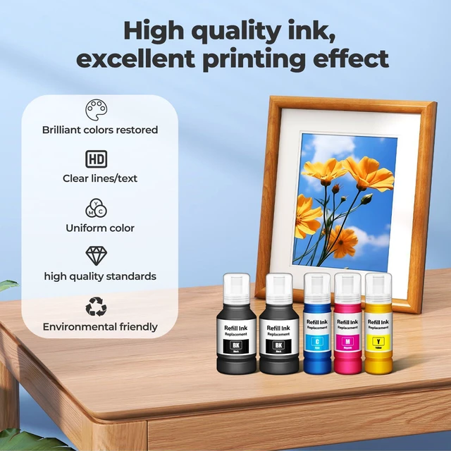 Alt view image 4 of 7 - Ink Refill Bottles ET-2850 ET-3760 ET-3850 (5 Pack) for ET 2850 ET3850 4850 Replacement for ET2850 3850 ET-4850 ET-2760 ET3760 ET-4760 ET-3830 ET-3843 ET-2750 ET-3750 ET-4750 ET-15000 ET-3950 Printer