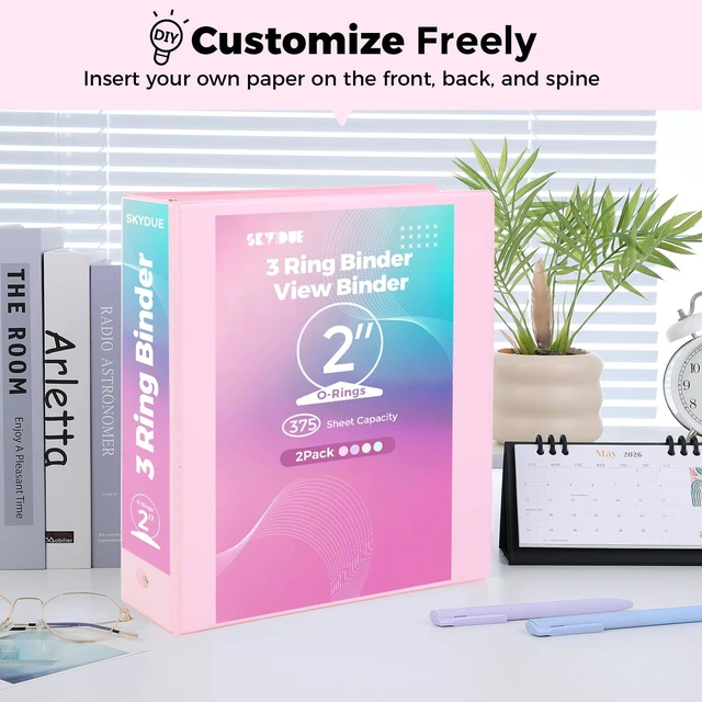 Alt view image 4 of 7 - 3 Ring Binder 2 Pack, 2 Inch Clear View Binders with 2 Interior PocketsFit 8.5x11 Inches, Round Ring Binder for Office & School Supplies Organize, Pink and Purple