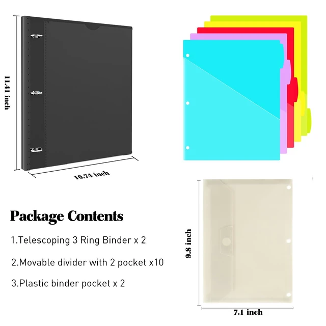 Alt view image 2 of 7 - 1 Inch Telescoping Project Organizer Binder-2PCS,13 Pocket, Customizable Front Cover, 5 Colors Pocket Divider and Plastic Binder Pocket225 Sheet Capacity-Black