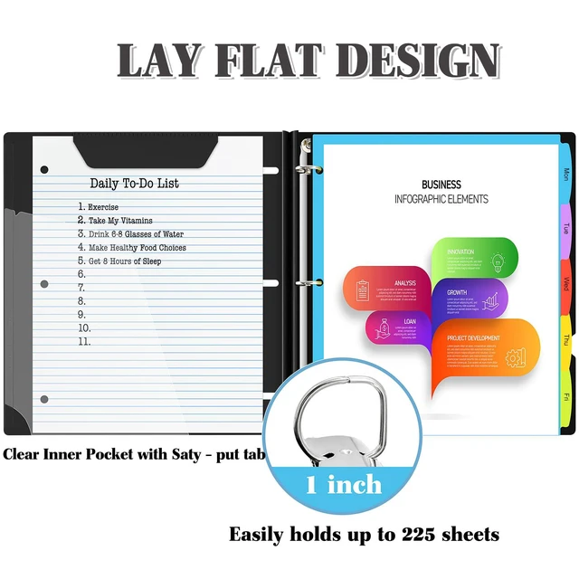 Alt view image 3 of 7 - 1 Inch Telescoping Project Organizer Binder-2PCS,13 Pocket, Customizable Front Cover, 5 Colors Pocket Divider and Plastic Binder Pocket225 Sheet Capacity-Black