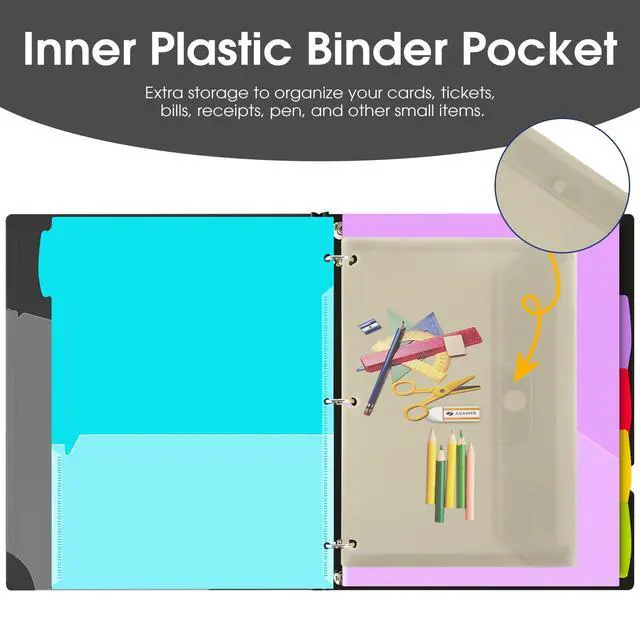 Alt view image 5 of 7 - 1 Inch Telescoping Project Organizer Binder-2PCS,13 Pocket, Customizable Front Cover, 5 Colors Pocket Divider and Plastic Binder Pocket225 Sheet Capacity-Black