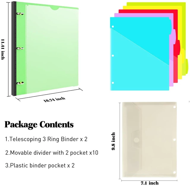 Alt view image 2 of 7 - 1 Inch Telescoping Project Organizer Binder-2PCS,13 Pocket, Customizable Front Cover, 5 Colors Pocket Divider and Plastic Binder Pocket225 Sheet Capacity-Green