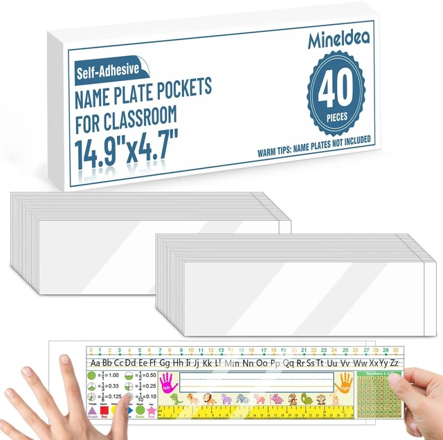 Main image of 40 PCS Nameplate Pocket, 14.9" x 4.7" Adhesive Desk Name Tag Sleeves Easy Remove Nameplates Holder, Thicken Clear Scratch Proof Name Tag Pockets for Classroom Desk