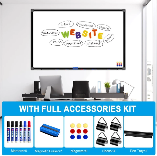 Alt view image 2 of 7 - 48"x24" Magnetic White Board Dry Erase Wall Mount Whiteboard - Office Home Classrooms White Board Hanging Writing Board with Black Aluminum Frame