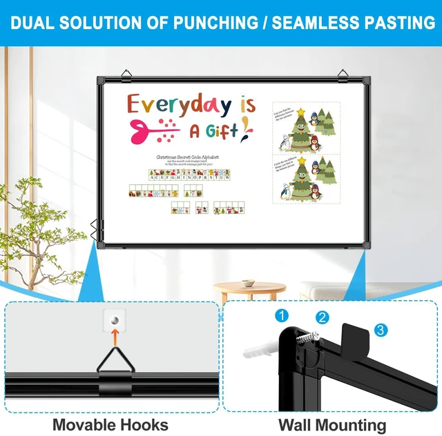 Alt view image 4 of 7 - 48"x24" Magnetic White Board Dry Erase Wall Mount Whiteboard - Office Home Classrooms White Board Hanging Writing Board with Black Aluminum Frame