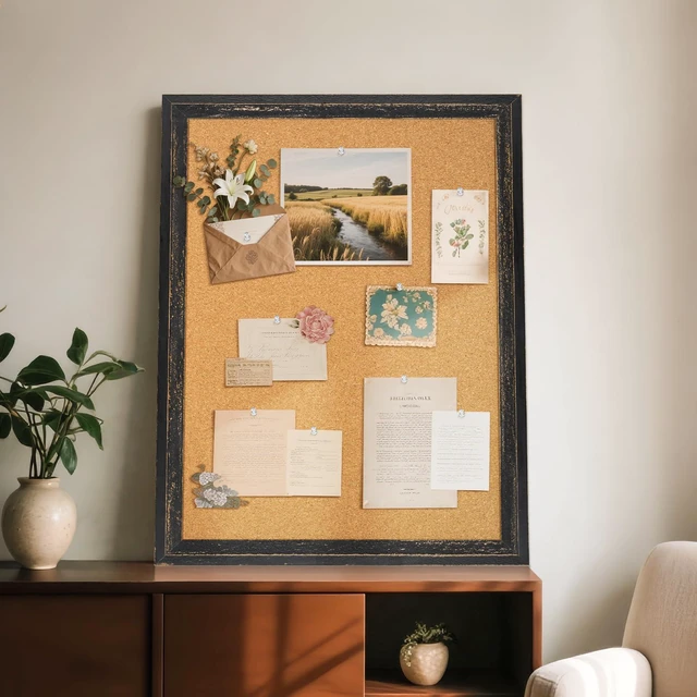 Alt view image 2 of 7 - Cork Board Bulletin Board, 30"x20" Corkboard for Wall Rustic Black Wooden Frame, Decorative Pin Board, Message Board, Notice Board, Vision Board for Home, Office, Kitchen