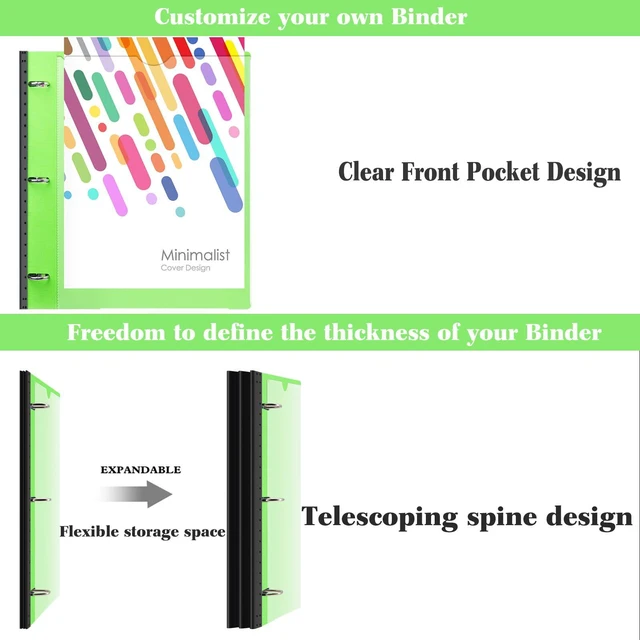 Alt view image 4 of 7 - 1 Inch Telescoping Project Organizer Binder-2PCS,13 Pocket, Customizable Front Cover, 5 Colors Pocket Divider and Plastic Binder Pocket225 Sheet Capacity-Green