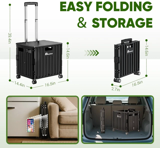 Alt view image 4 of 6 - Folding Utility Cart, Portable Rolling Crate Handcart Collapsible Shopping Trolley with Lid, Foldable Tool Box Basket with 4 Rotate Wheels for Grocery, Office, Luggage, School - Black