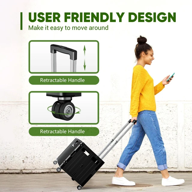 Alt view image 5 of 6 - Folding Utility Cart, Portable Rolling Crate Handcart Collapsible Shopping Trolley with Lid, Foldable Tool Box Basket with 4 Rotate Wheels for Grocery, Office, Luggage, School - Black