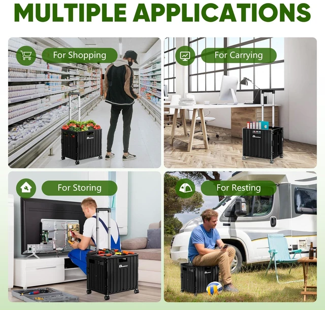 Alt view image 6 of 6 - Folding Utility Cart, Portable Rolling Crate Handcart Collapsible Shopping Trolley with Lid, Foldable Tool Box Basket with 4 Rotate Wheels for Grocery, Office, Luggage, School - Black