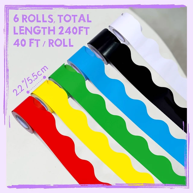 Alt view image 2 of 7 - 6 Rolls Bulletin Board Borders, 240Ft Scalloped Rolled Border Trim with Wavy Line Design Yellow, Green, Red, Blue, Black, White Decoration for School, Classroom & Offices, 40Ft per Roll