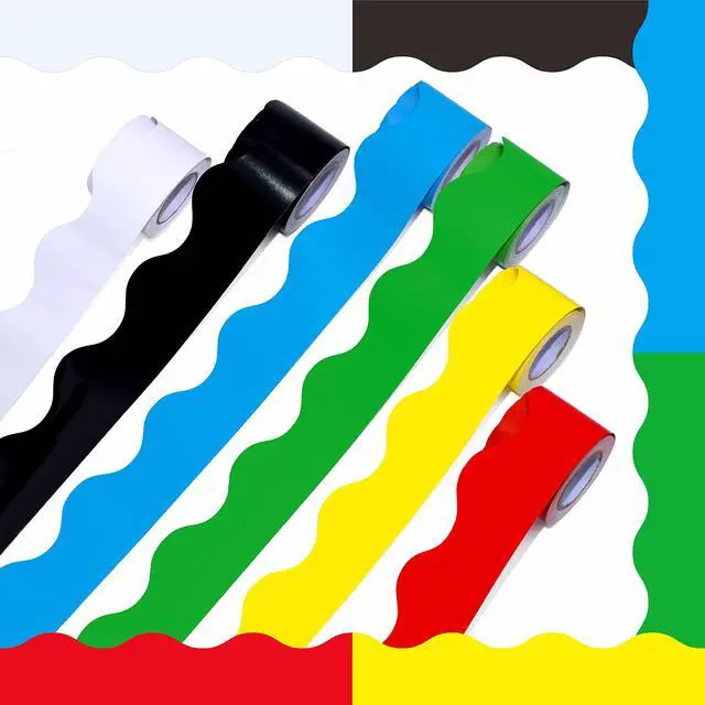 Main image of 6 Rolls Bulletin Board Borders, 240Ft Scalloped Rolled Border Trim with Wavy Line Design Yellow, Green, Red, Blue, Black, White Decoration for School, Classroom & Offices, 40Ft per Roll