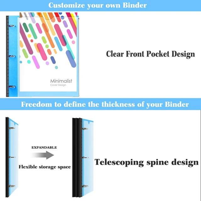 Alt view image 3 of 7 - 1 Inch Telescoping Project Organizer Binder-2PCS,13 Pocket, Customizable Front Cover, 5 Colors Pocket Divider and Plastic Binder Pocket225 Sheet Capacity-Blue