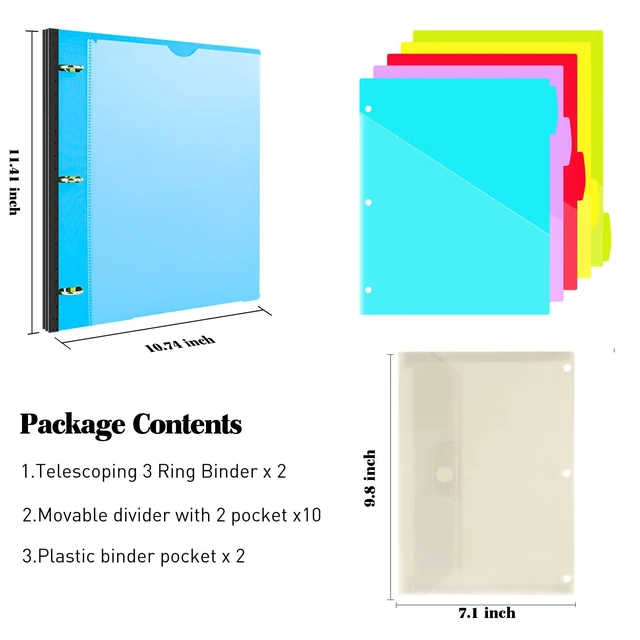 Alt view image 2 of 7 - 1 Inch Telescoping Project Organizer Binder-2PCS,13 Pocket, Customizable Front Cover, 5 Colors Pocket Divider and Plastic Binder Pocket225 Sheet Capacity-Blue