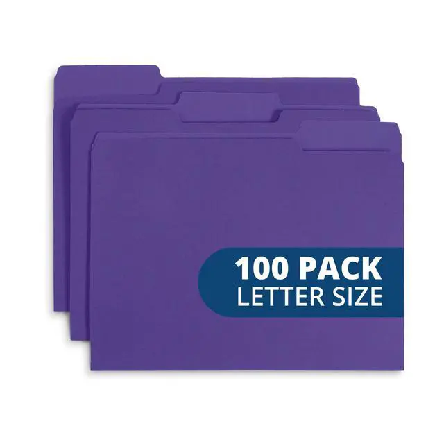 Main image of 100 File Folders, Letter Size, 1/3 Cut Tab, Purple Durable 11pt Uncoated Paper, 1/3 Cut Top Tab, Assorted Tab Positions, for Office, School, and Home Filing