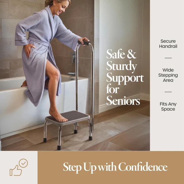 Alt view image 3 of 7 - Step Stool with Handle for Adults Step stools with Handle for Elderly for Bed Chrome-Plated Steel Frame 330Lbs Capacity Use At Home Bathroom Kitchen