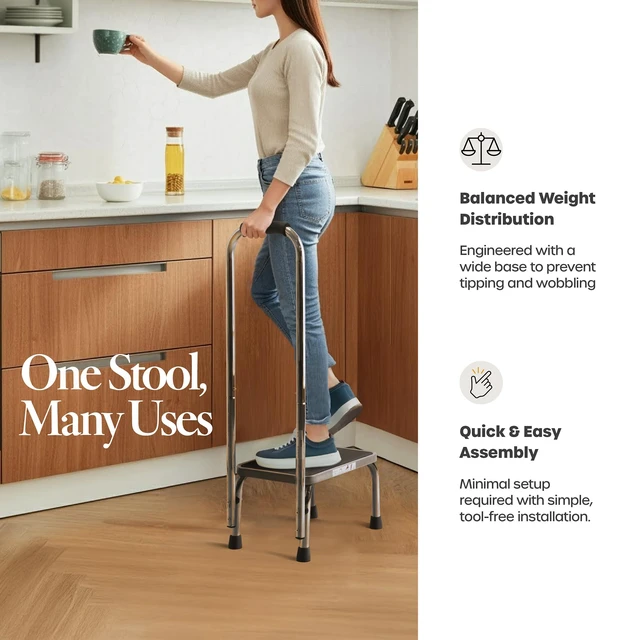 Alt view image 5 of 7 - Step Stool with Handle for Adults Step stools with Handle for Elderly for Bed Chrome-Plated Steel Frame 330Lbs Capacity Use At Home Bathroom Kitchen