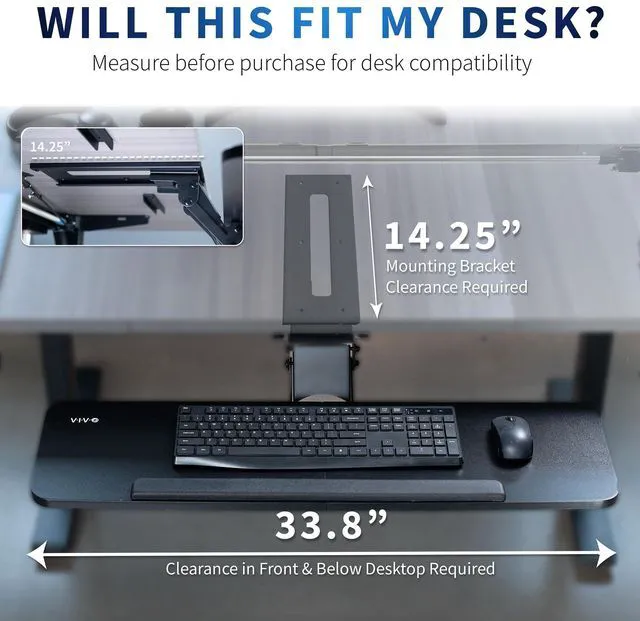 Alt view image 4 of 7 - Black Under Desk 34 x 10 in Adjustable Keyboard Tray, MOUNT-KB36B Large Height Adjustable Keyboard & Mouse Tray for Typing, Ergonomic Under Table Desk Mount Drawer, Underdesk Shelf