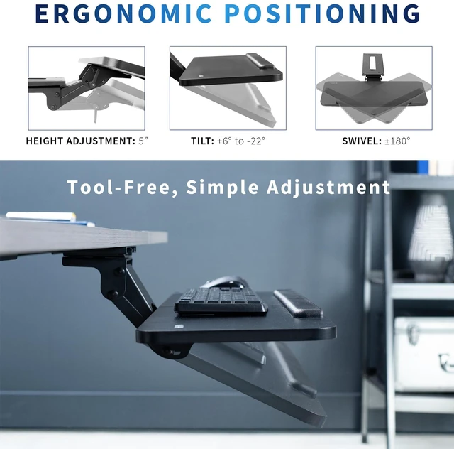Alt view image 3 of 7 - Black Under Desk 34 x 10 in Adjustable Keyboard Tray, MOUNT-KB36B Large Height Adjustable Keyboard & Mouse Tray for Typing, Ergonomic Under Table Desk Mount Drawer, Underdesk Shelf