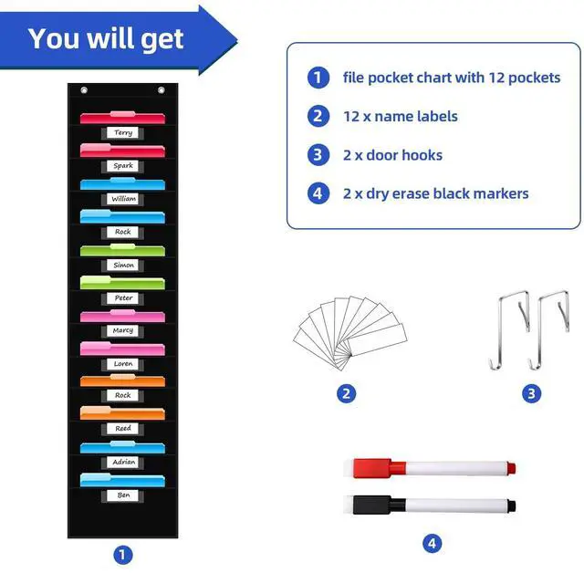 Alt view image 4 of 7 - 12 Pockets File Storage Pocket Chart with 12 Nametag Pockets,Hanging Wall File Organizer for Classroom and Office, Organize Your Assignments, Files, Scrapbooks, Paper (Black)