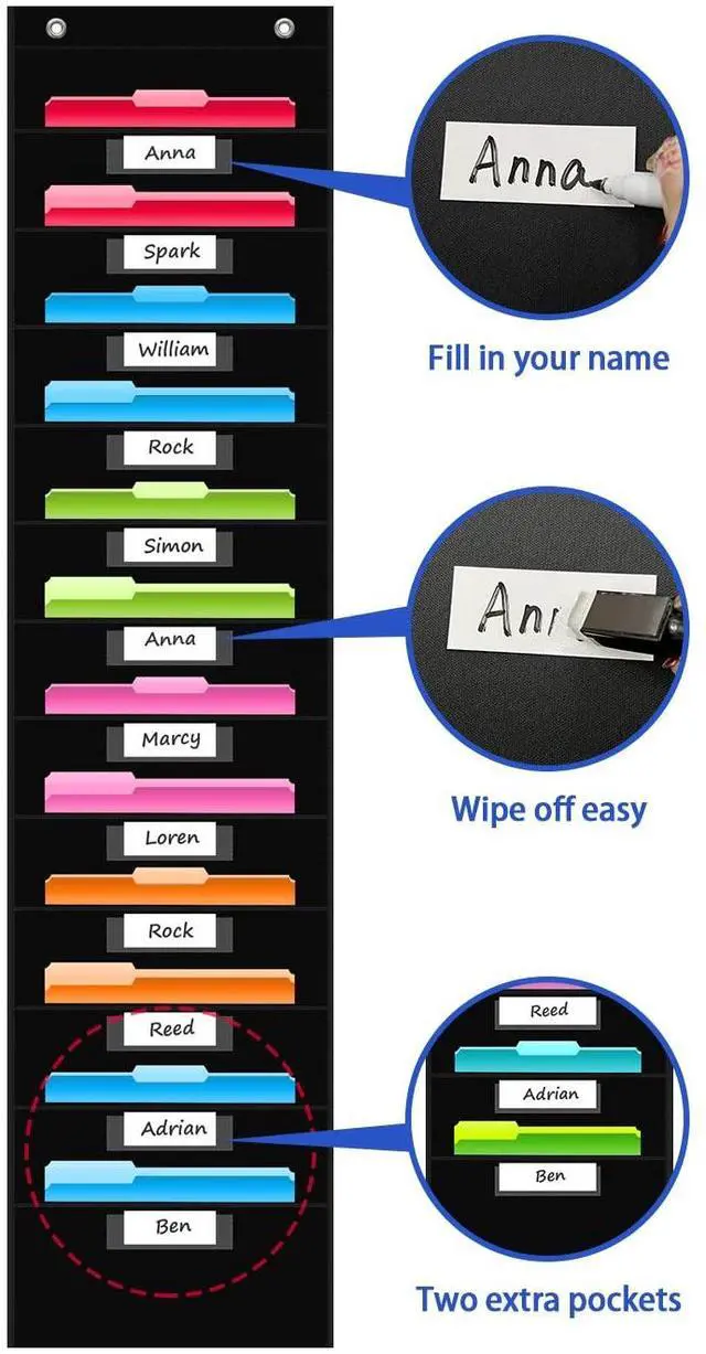 Alt view image 3 of 7 - 12 Pockets File Storage Pocket Chart with 12 Nametag Pockets,Hanging Wall File Organizer for Classroom and Office, Organize Your Assignments, Files, Scrapbooks, Paper (Black)