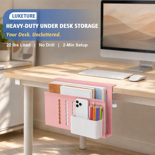 Alt view image 2 of 7 - Desk Side Storage Laptop Holder No Drill Clamp On Organizer Steel Side Desk Organizer, Clamp on Laptop Mount with Pen Holder, Hanging Storage for Home Office, Fits 0.3" to 2.8"