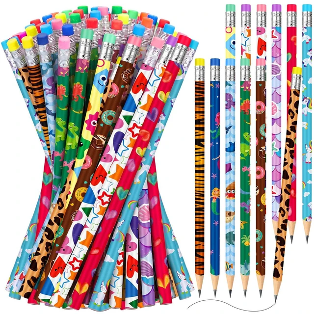 Main image of 300 Pcs Wooden Pencil Bulk with Eraser for Kids, Cute Style Assortment Colorful Fun Pencils for Kids, Novelty Designs Classroom Back to School Gifts, Student Reward School Supplies